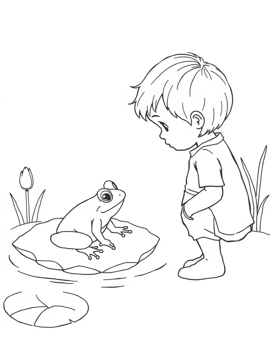 A child observing a frog on a lily pad.