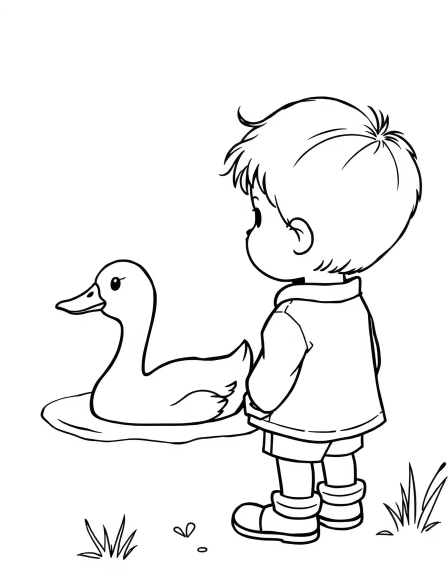 A child watching a duck swim.