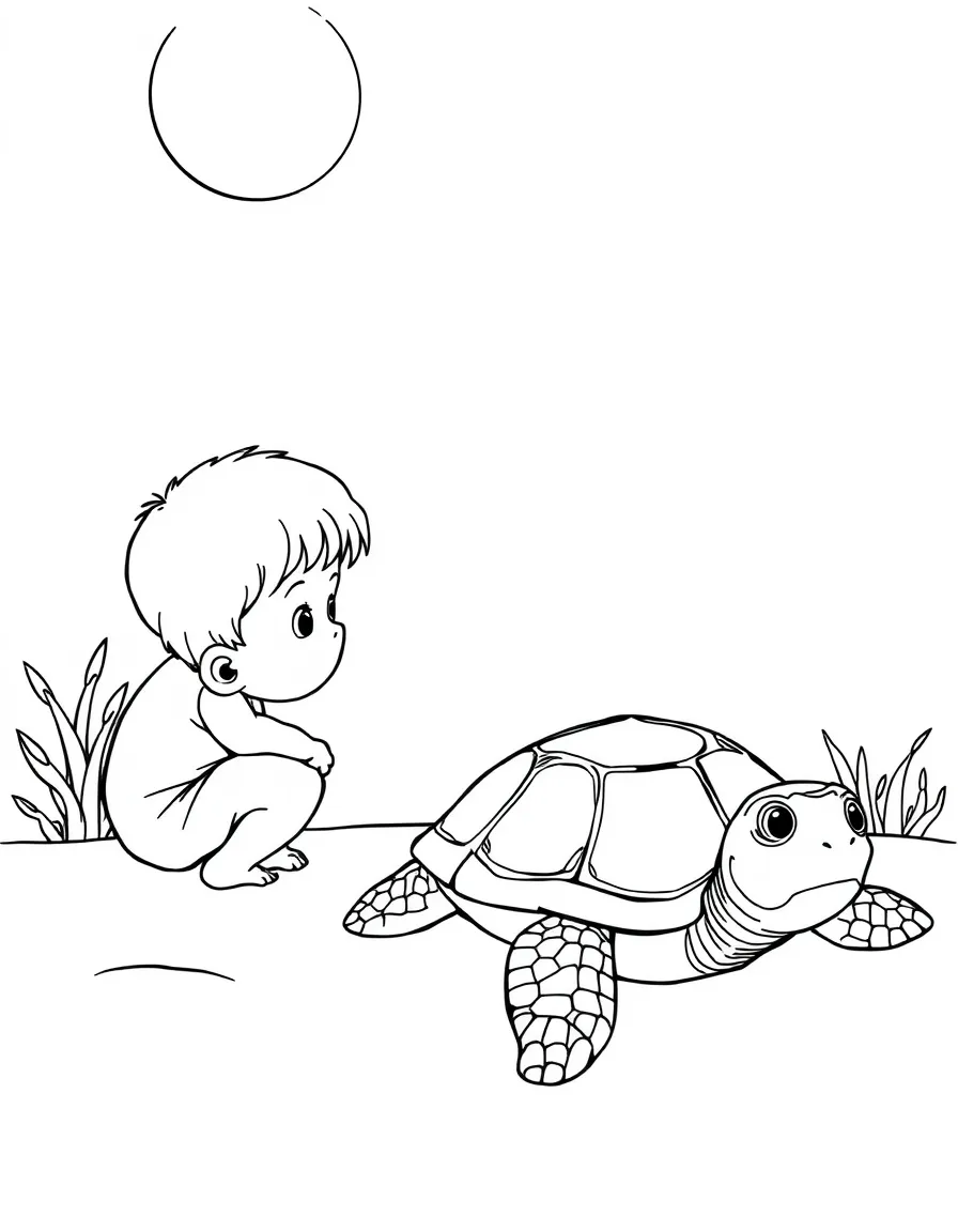 A child looking at a turtle sunbathing.