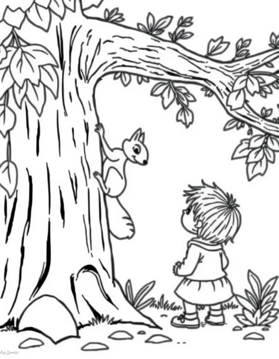 A child watching a squirrel climb a tree.