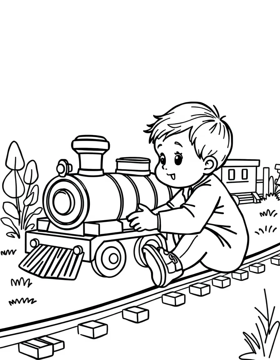 A child playing with a train set.
