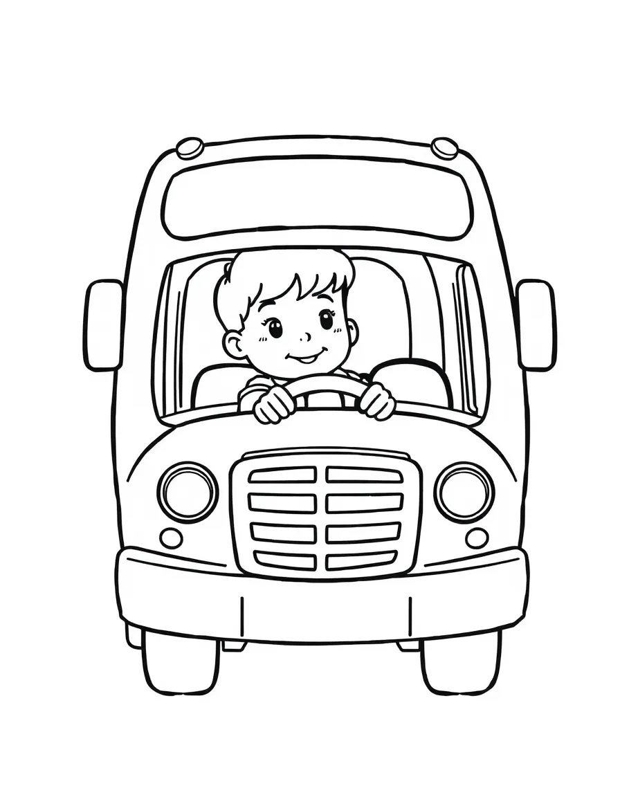 A child driving a toy bus.