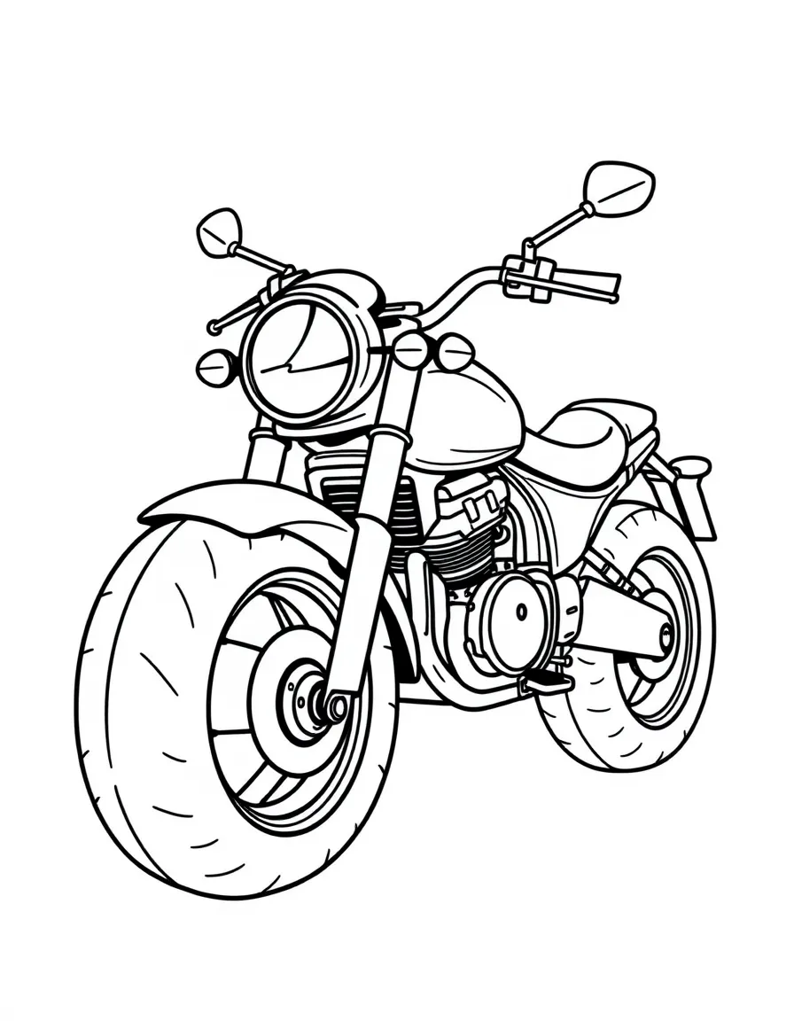A happy motorcycle with big tires.