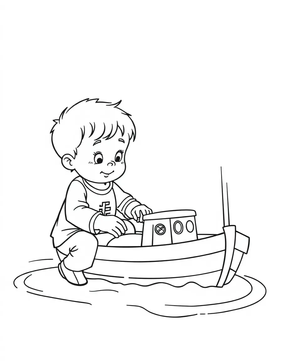 A child playing with a toy boat.