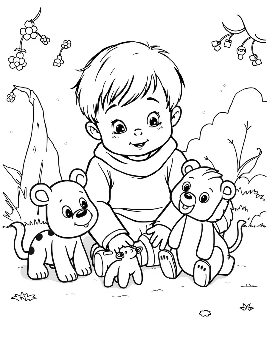 A child playing with toy animals.