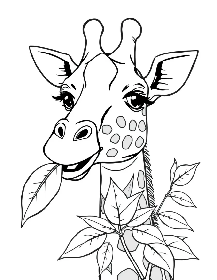 A happy giraffe eating leaves.
