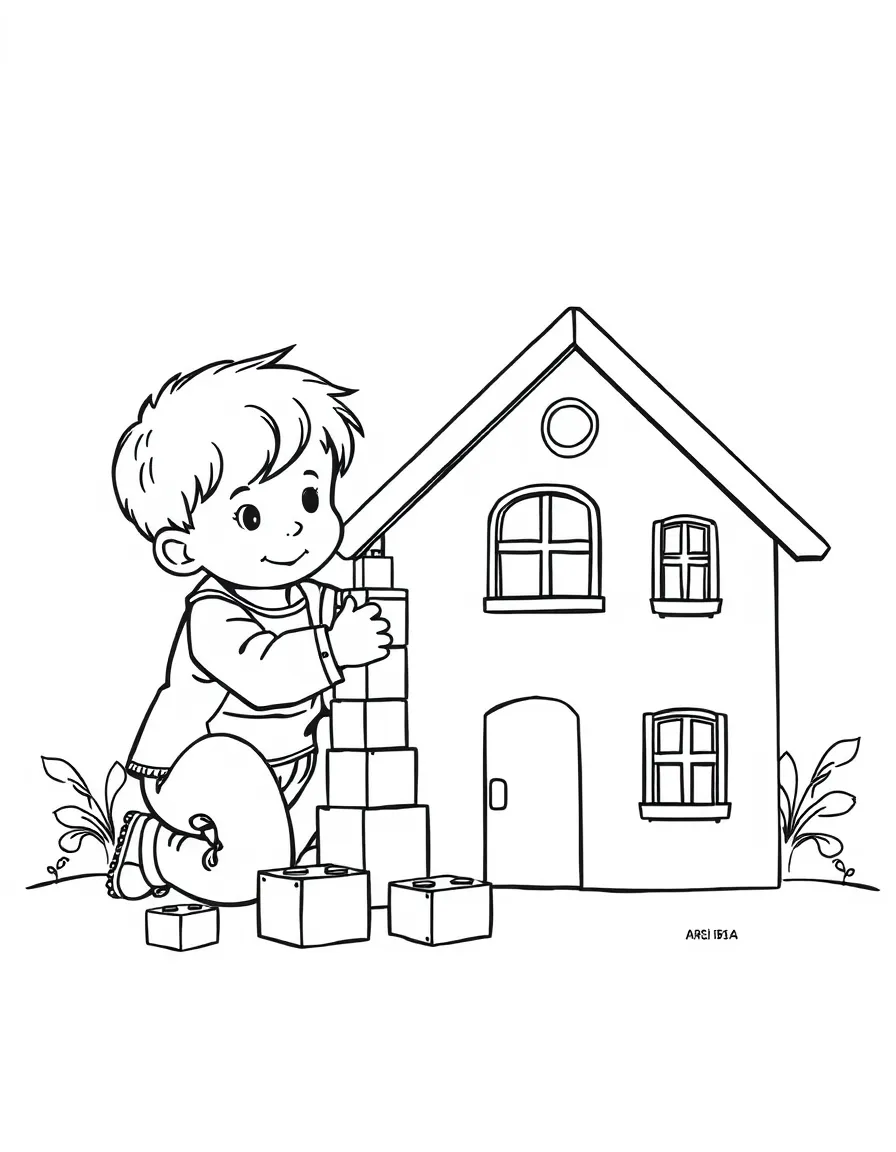 A child building a house with blocks.