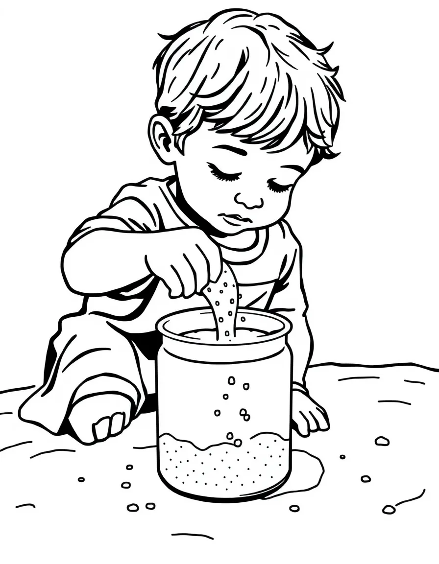 A child pouring sand into a container.