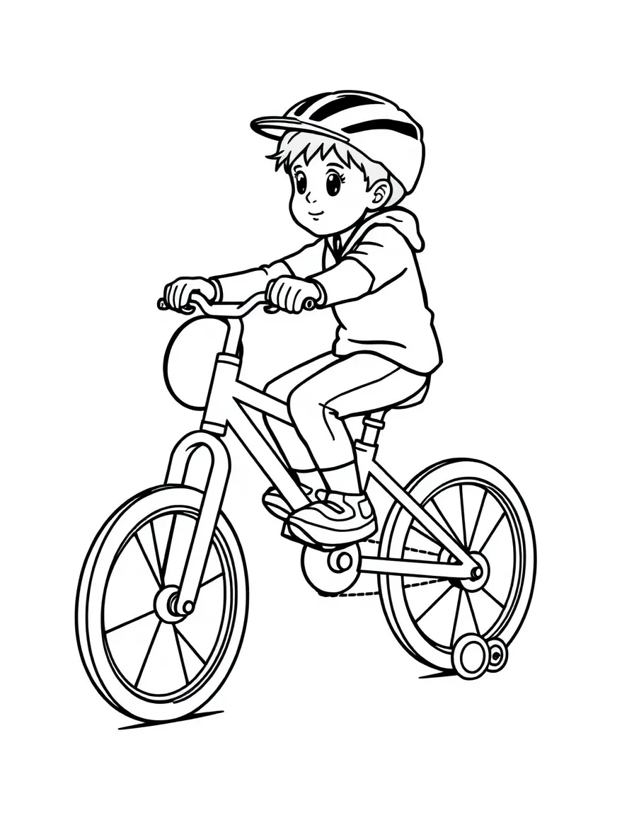 A child riding a bicycle with training wheels.