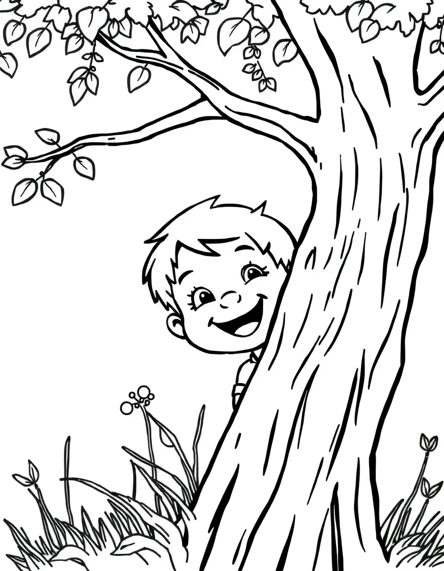 A happy child peeking from behind a tree.