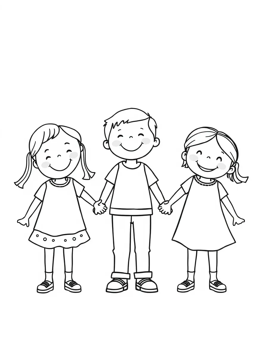 A happy group of children holding hands.
