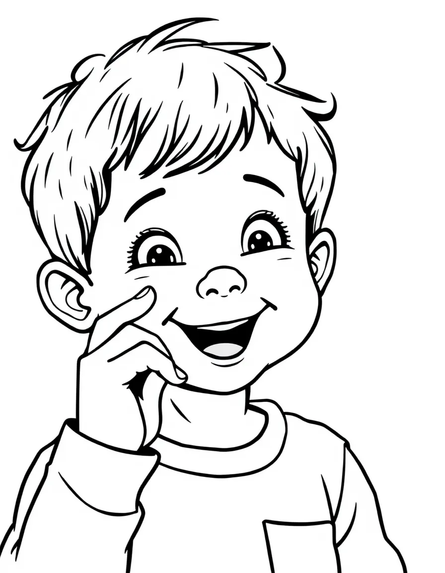 A happy child touching their nose.