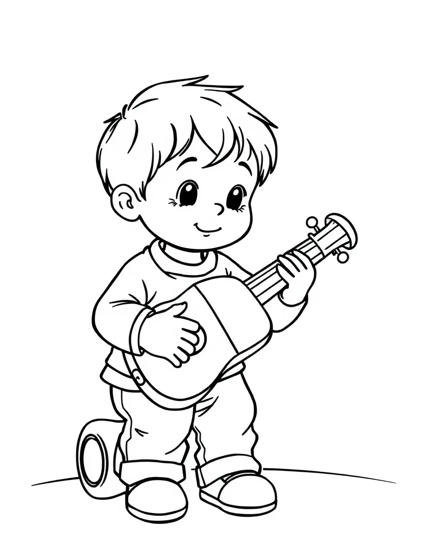 A child playing a toy instrument.
