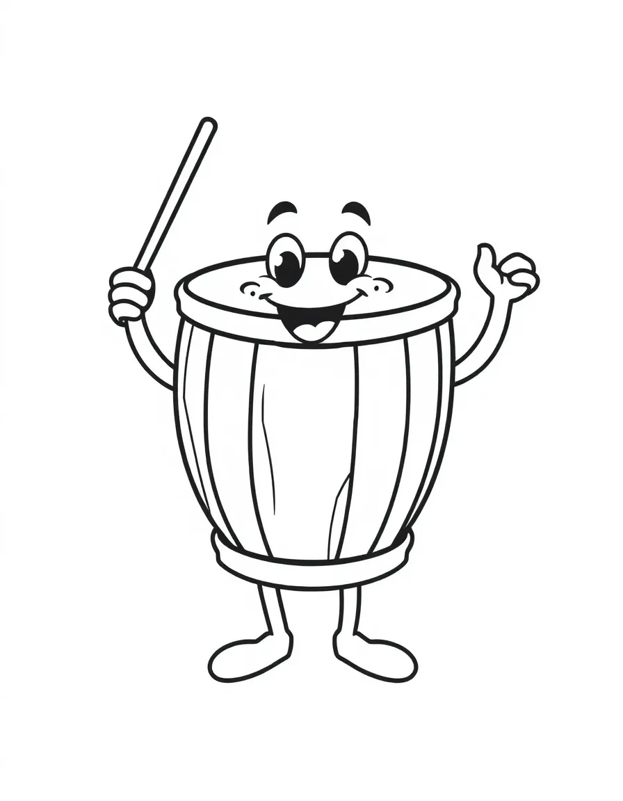 A happy drum with drumsticks.