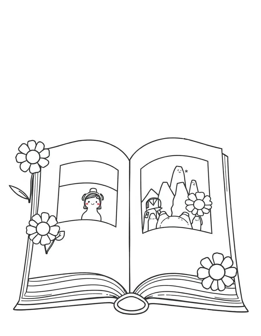 A happy open book with pictures.