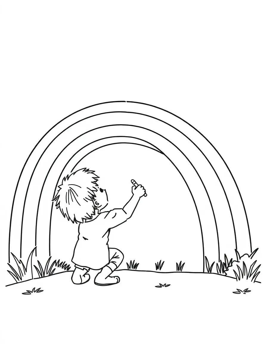 A child painting a rainbow.