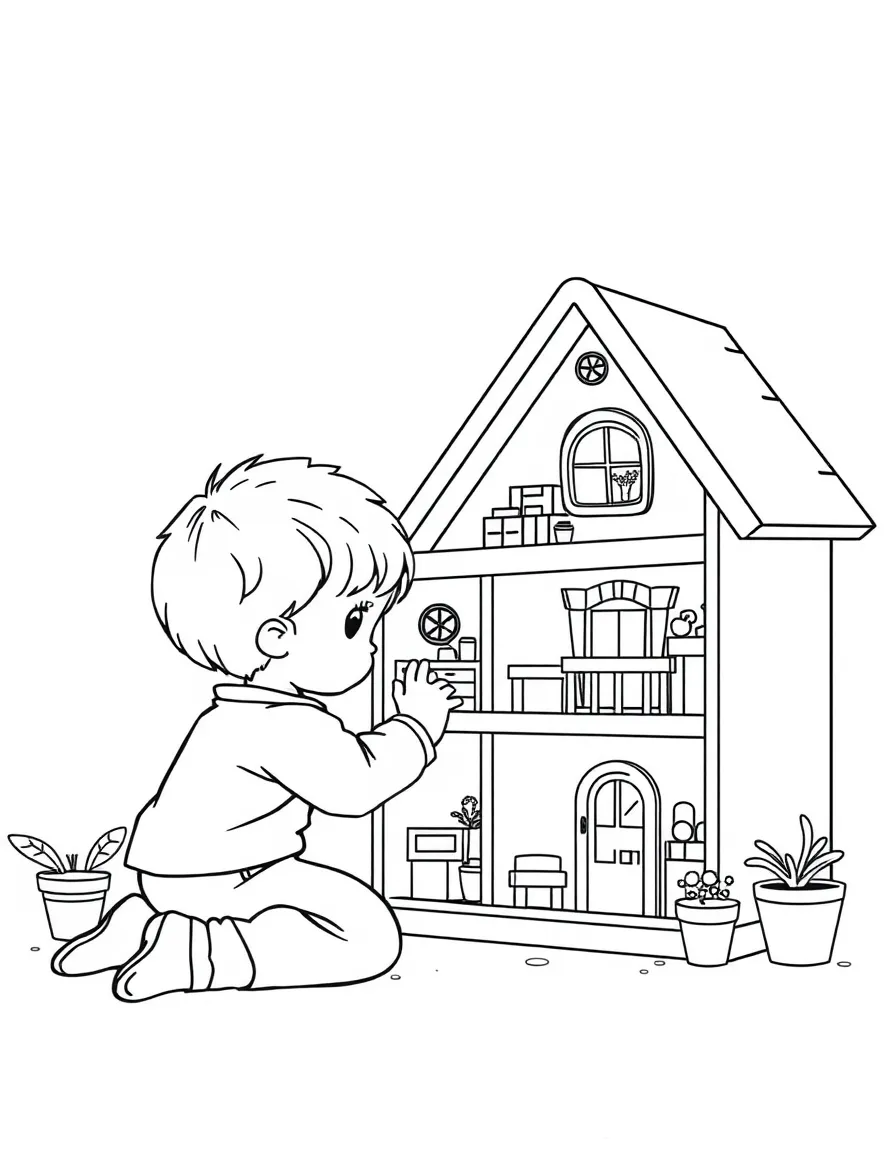 A child playing with a dollhouse.
