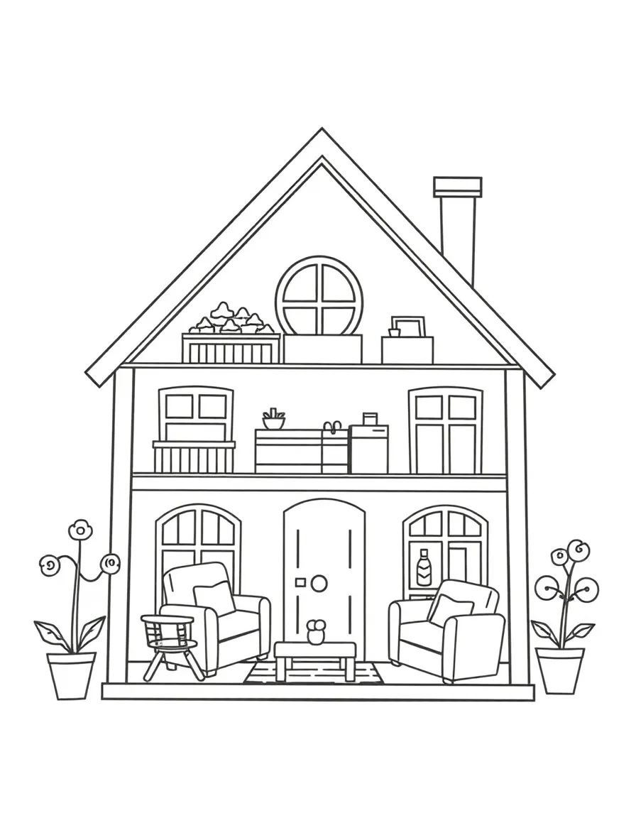 A happy dollhouse with tiny furniture.