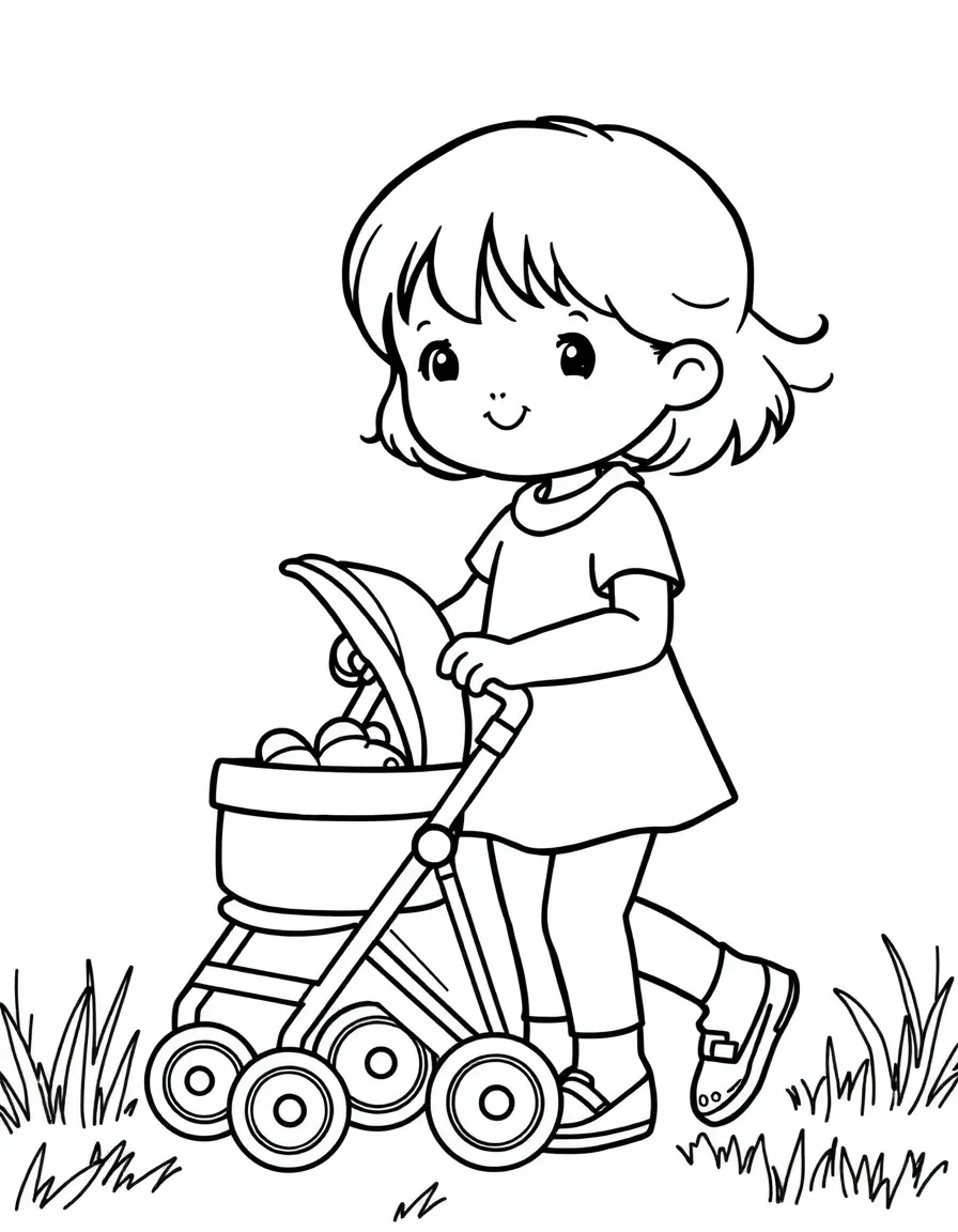 A child pushing a doll stroller.