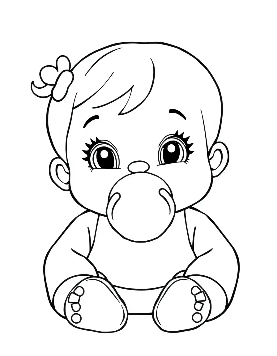 A happy baby doll with a pacifier.