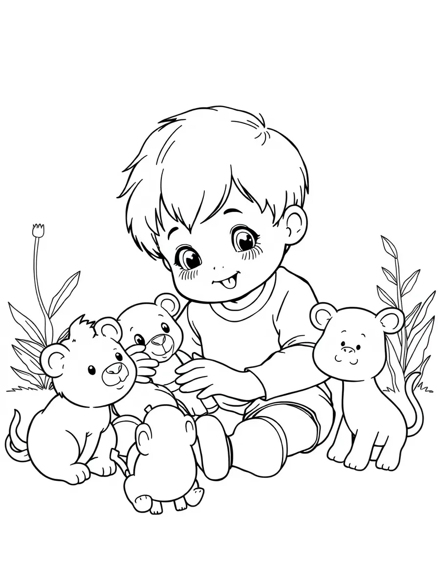 A child playing with toy animals.