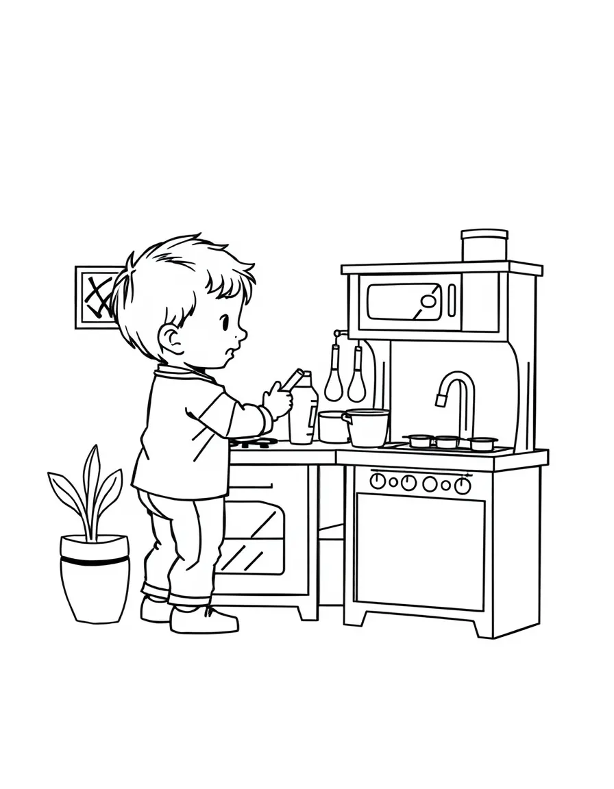 A child playing with a toy kitchen.