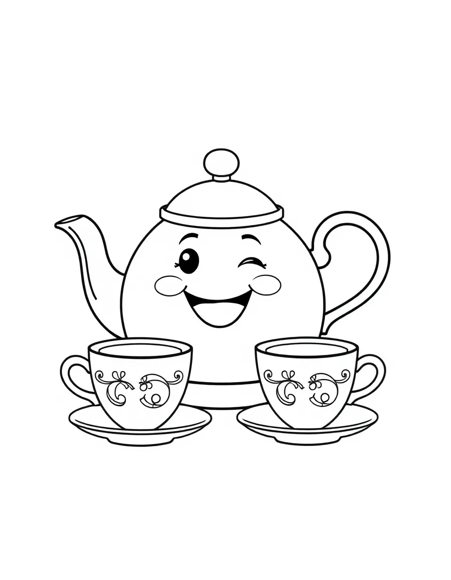 A happy toy teapot and teacups.