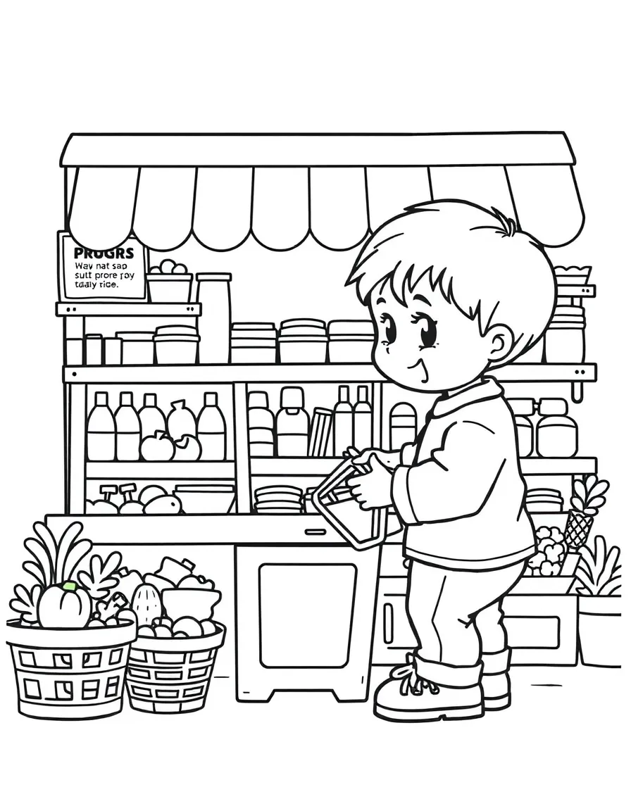 A child playing with a grocery store set.