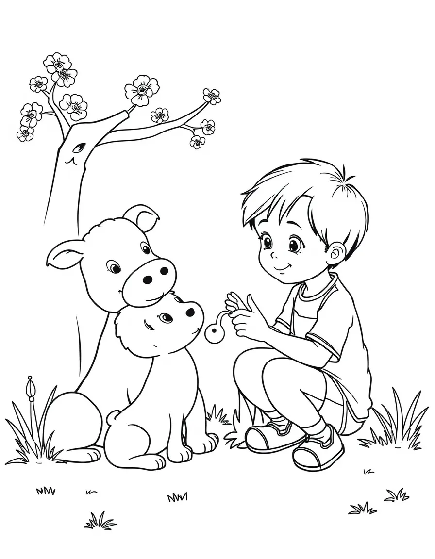 A child pretend caring for animals.