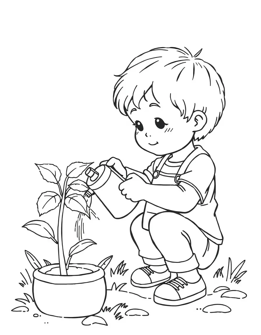 A child watering a plant.