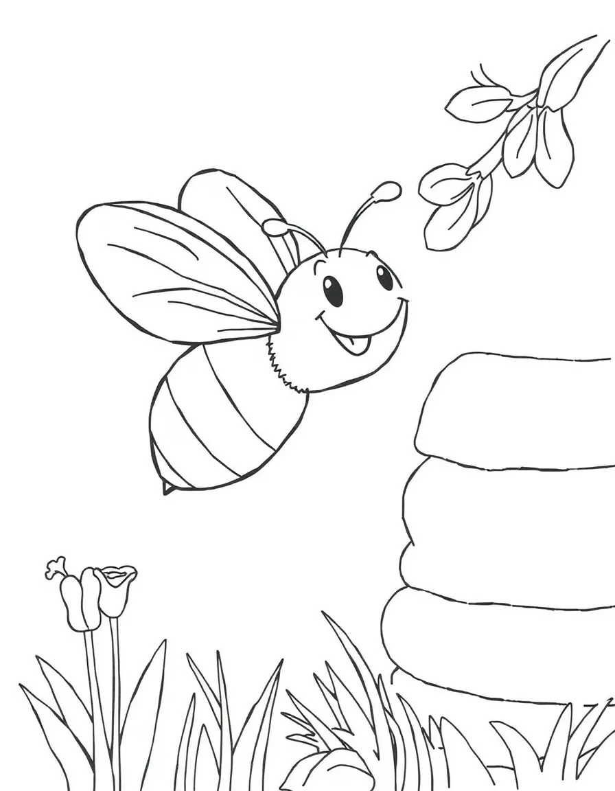 A happy bee buzzing near a hive.