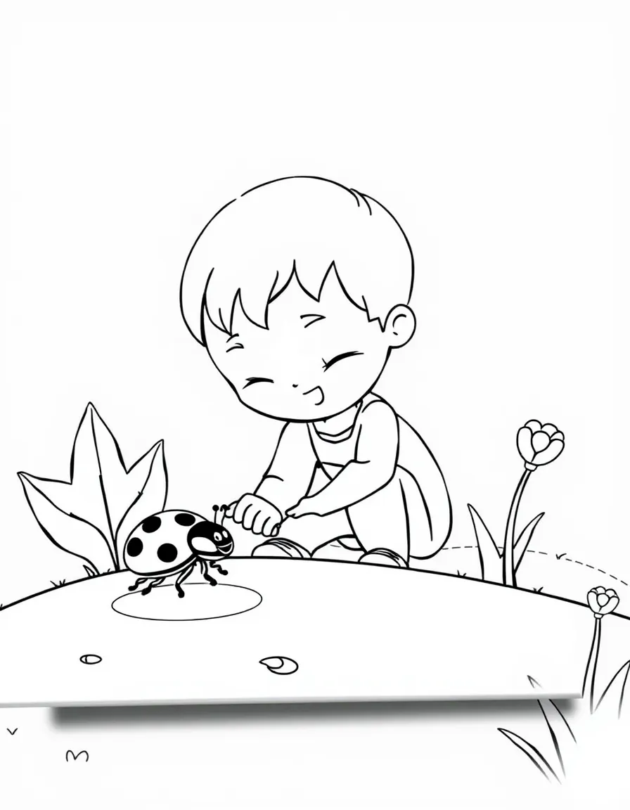 A child finding a ladybug.