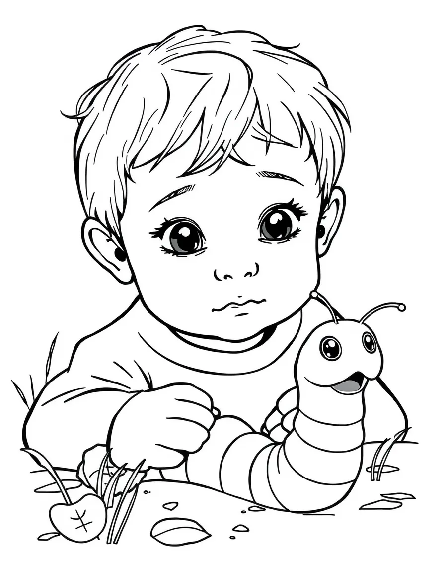 A child looking at a worm.