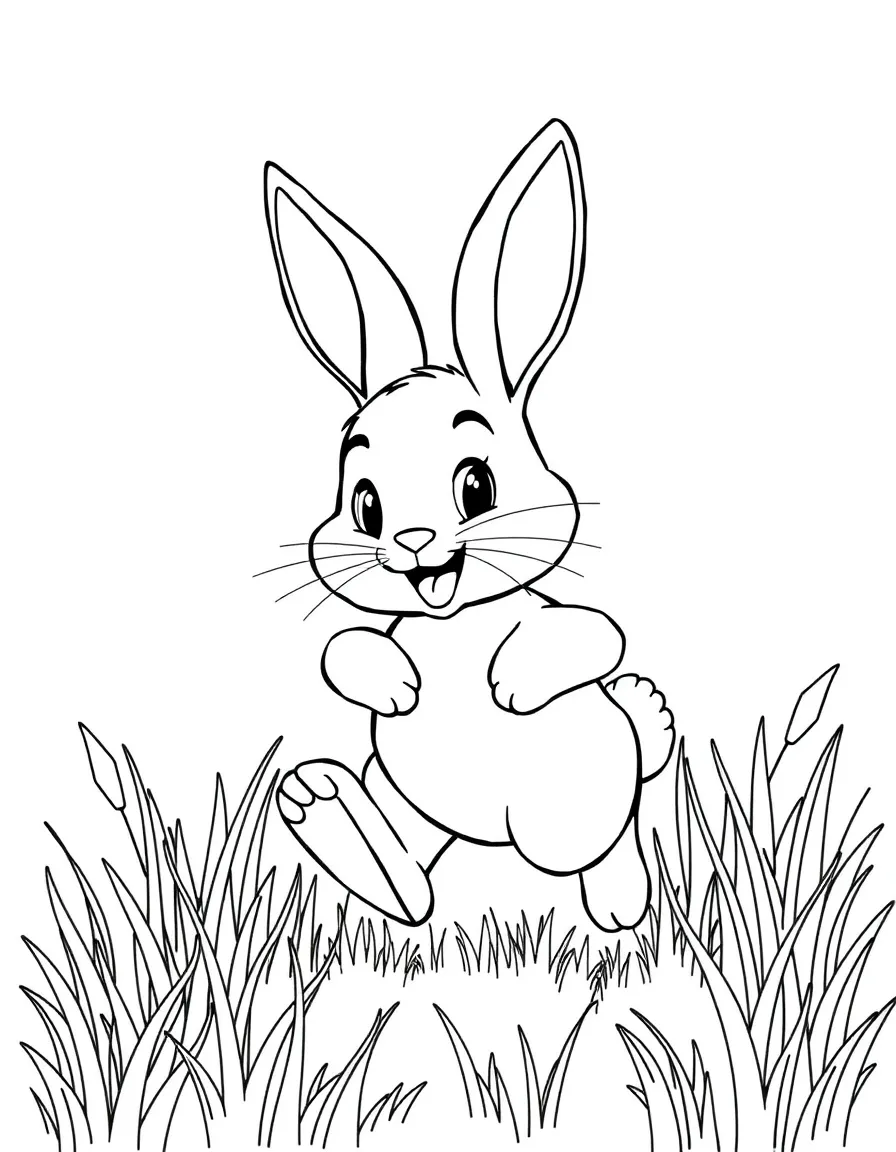 A happy rabbit hopping in the grass.