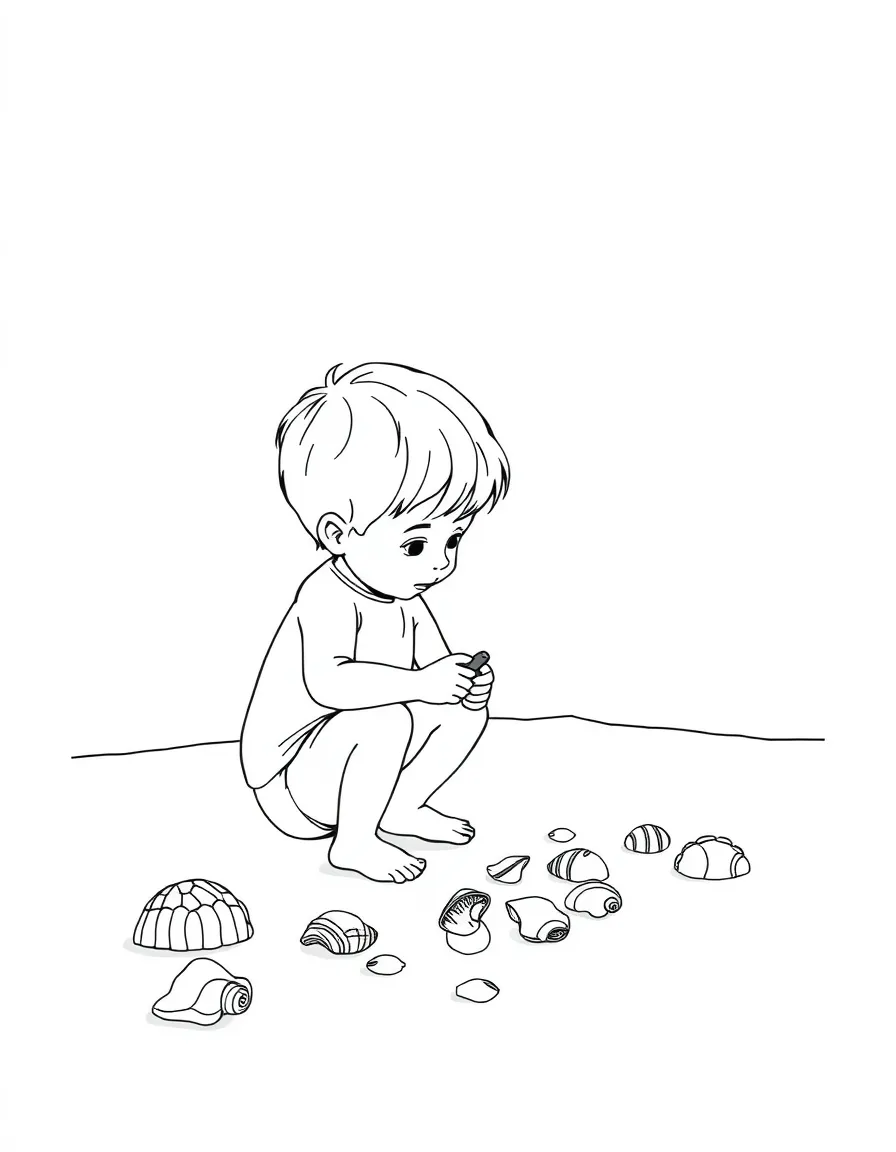A child looking at shells on the beach.