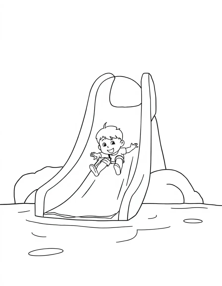 A child going down a water slide.
