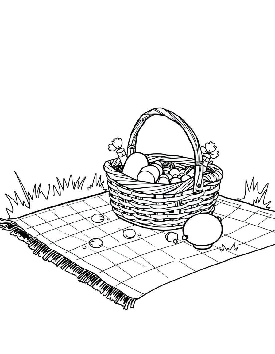 A happy picnic blanket with a basket.