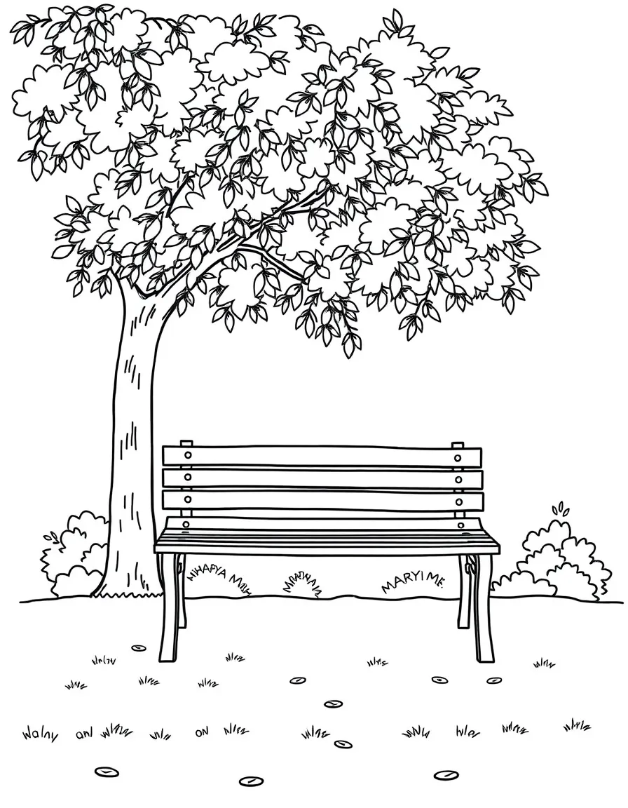 A happy park bench under a tree.