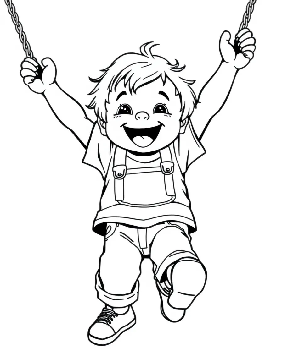 A happy child swinging high.