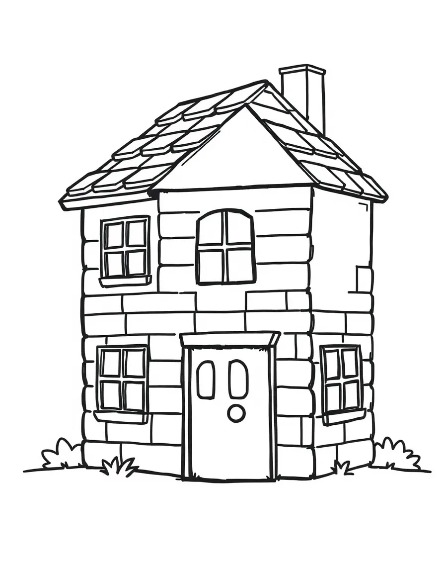 A happy block building shaped like a house.
