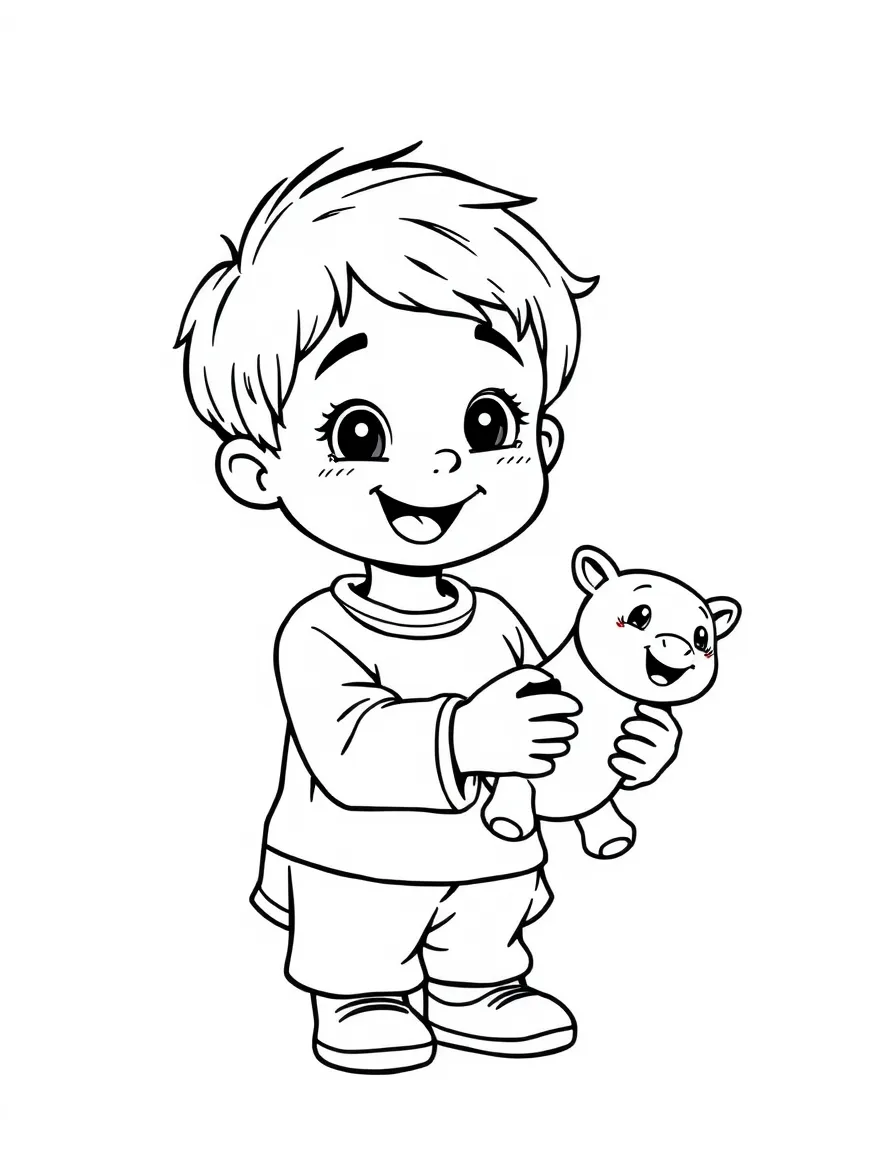 A happy child giving a toy.
