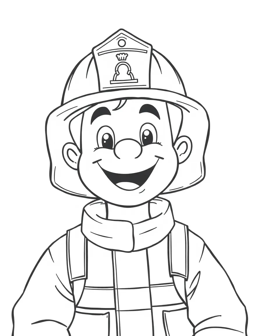 A happy firefighter wearing a helmet.