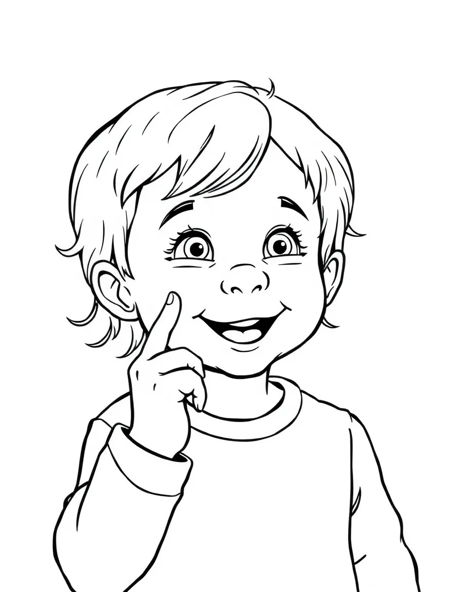 A happy child touching their nose.