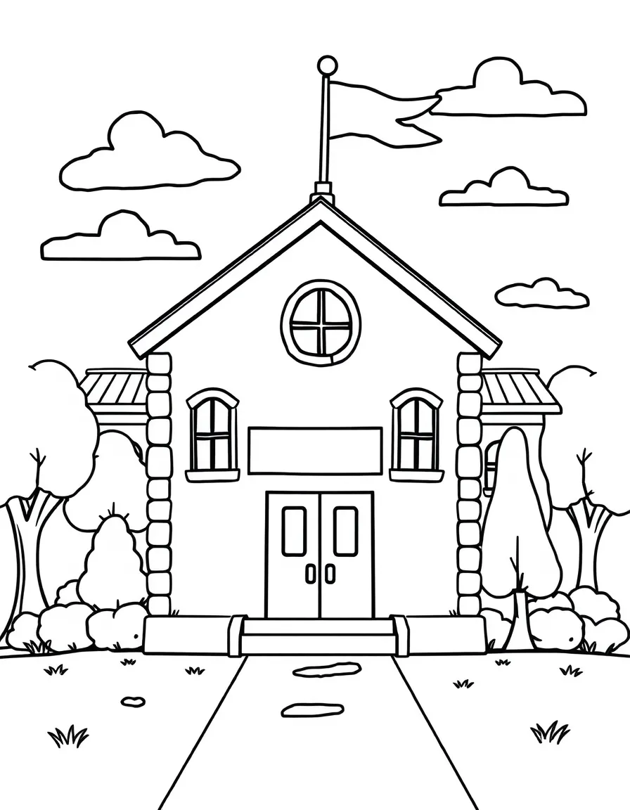 A happy school building with a flag.