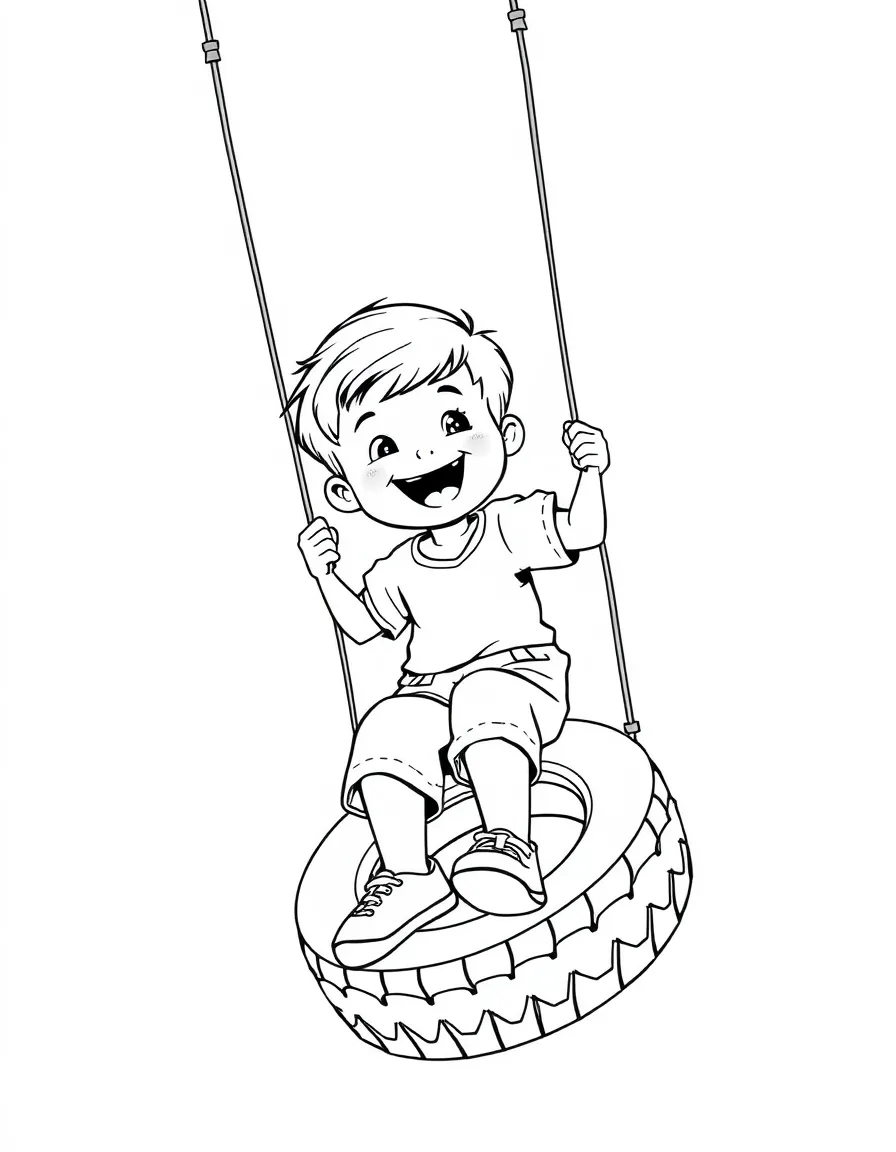 A happy child on a tire swing.
