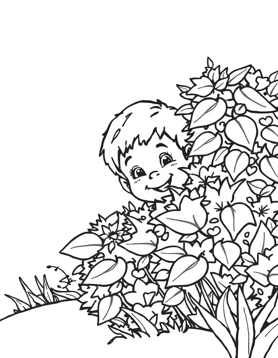 A happy child hiding behind a bush.