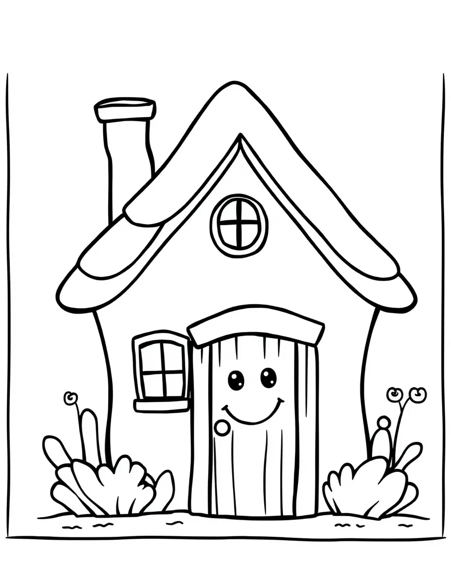 A happy house with a chimney and a smiling door.