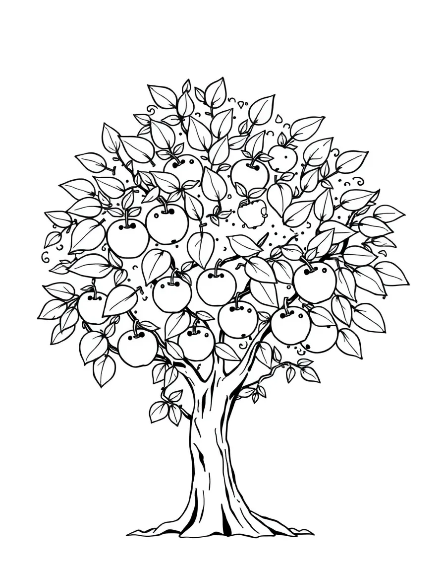 A happy tree with leaves and apples.
