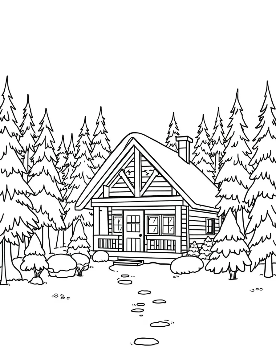 A cozy cabin in the woods covered in snow.
