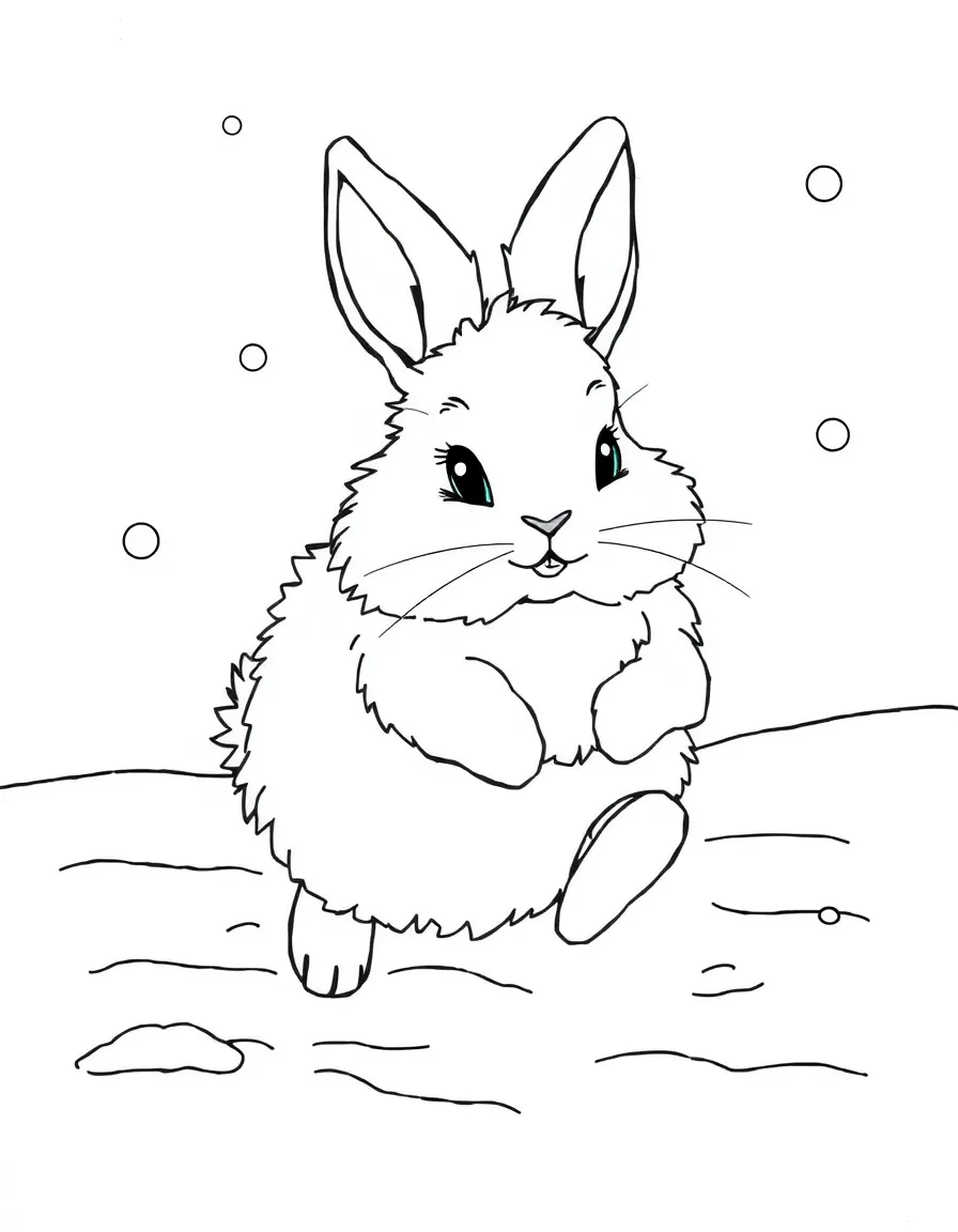 A fluffy white bunny hopping in the snow.